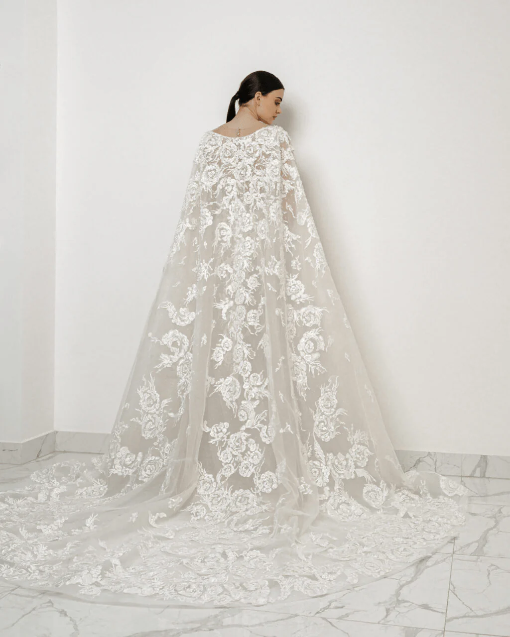 Tulle Mermaid Wedding Gown with Cape - Floral Applique Dress with Beaded Plus Size - MONTE CARLO - Image 6