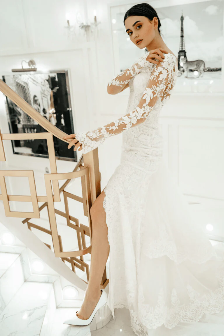 Tulle Mermaid Wedding Gown with High Slit - Floral Applique Dress and Long Sleeves Wedding Dress Plus Size - ROSALIA - Image 2