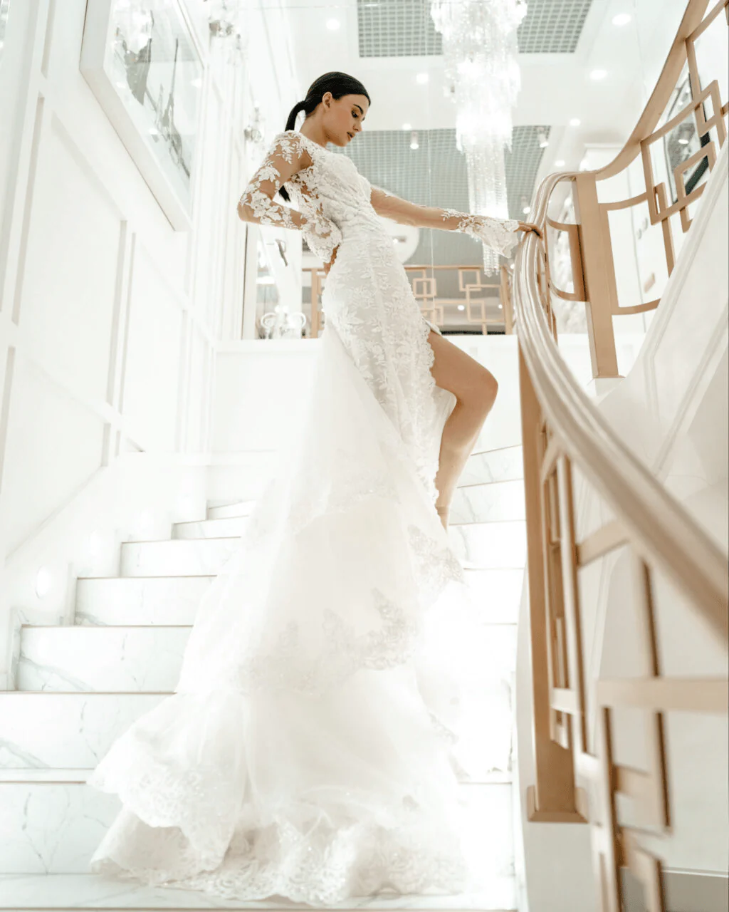 Tulle Mermaid Wedding Gown with High Slit - Floral Applique Dress and Long Sleeves Wedding Dress Plus Size - ROSALIA - Image 3