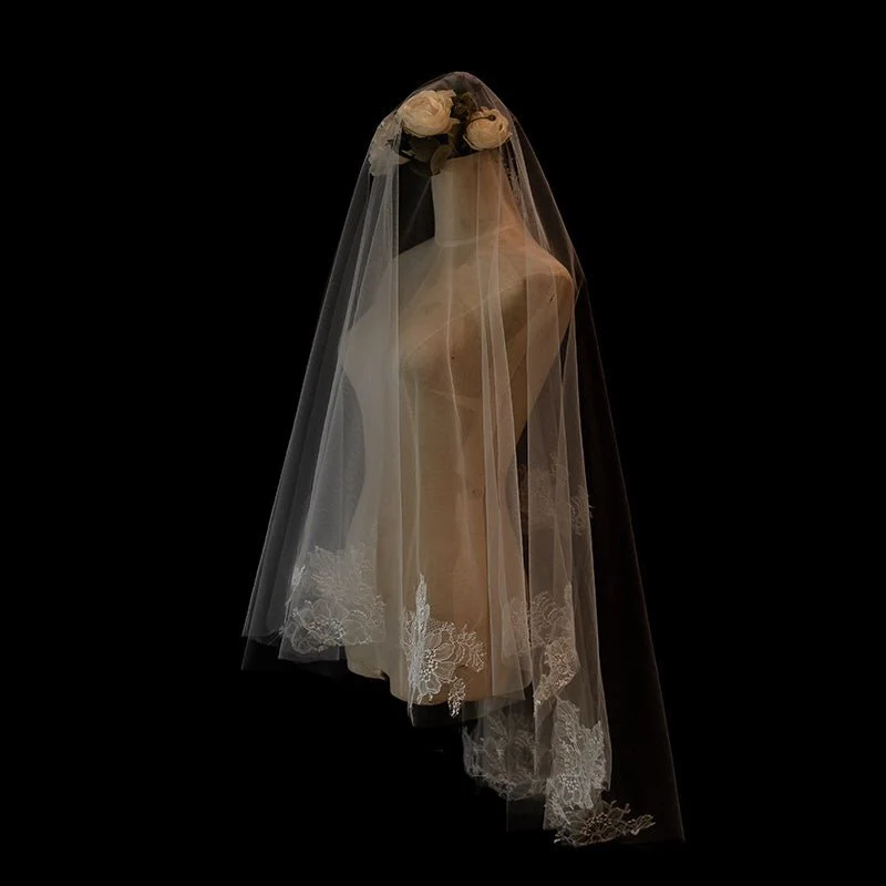 Lace Edged Bridal Blusher Veil With Embroidery - Waltz Wedding Veil - Image 3