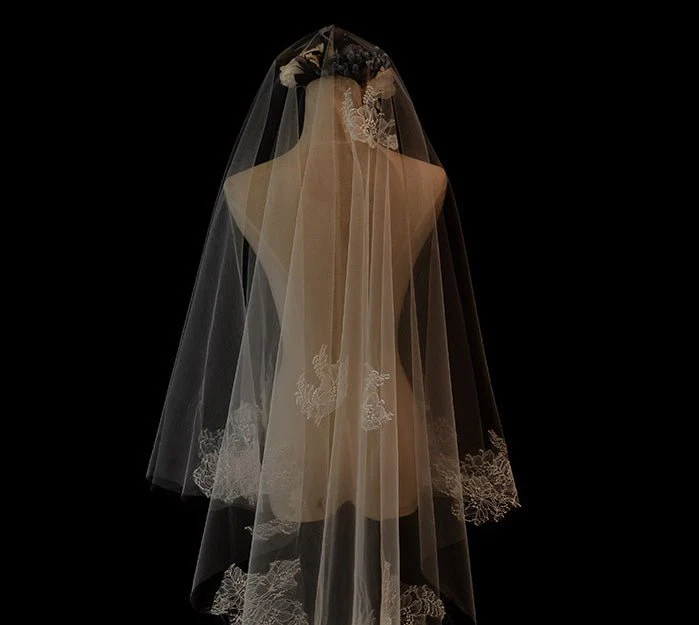 Lace Edged Bridal Blusher Veil With Embroidery - Waltz Wedding Veil - Image 4