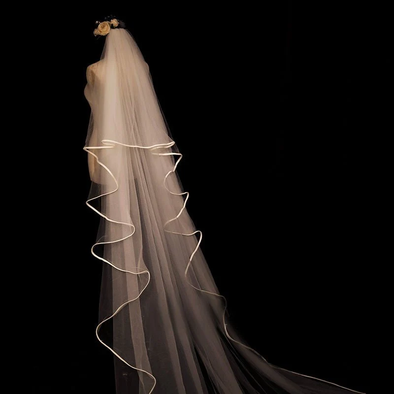 Satin-Trimmed Tulle Wedding Veil With Comb - Chapel Length Wedding Veils