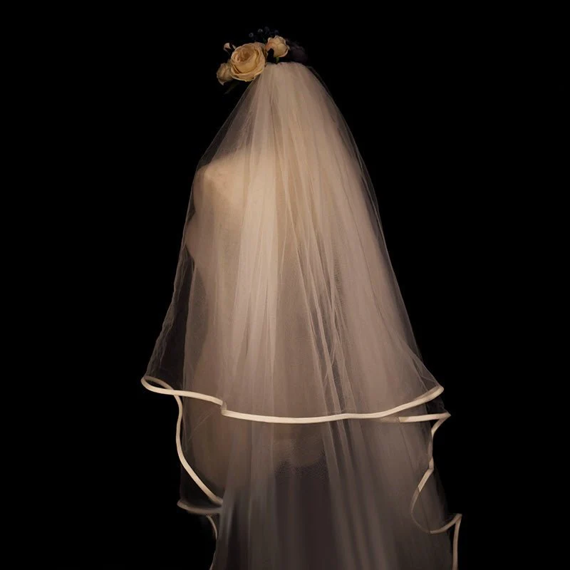 Satin-Trimmed Tulle Wedding Veil With Comb - Chapel Length Wedding Veils - Image 2