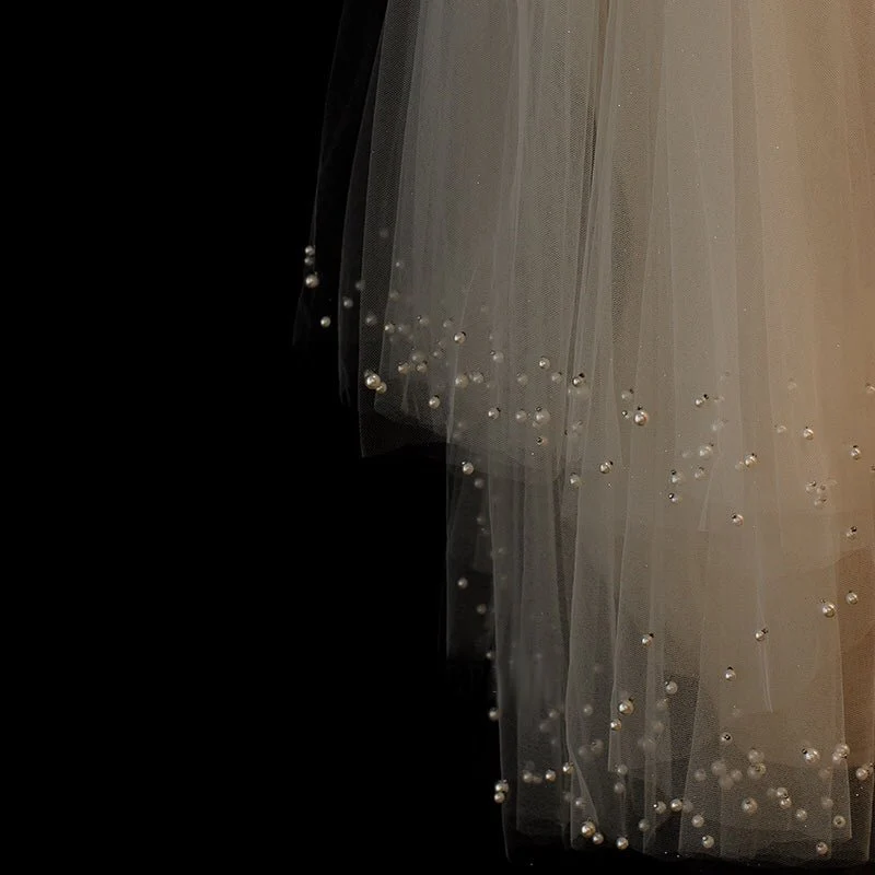 Tulle Bridal Blusher Veil With Crystal And Pearls - Image 3
