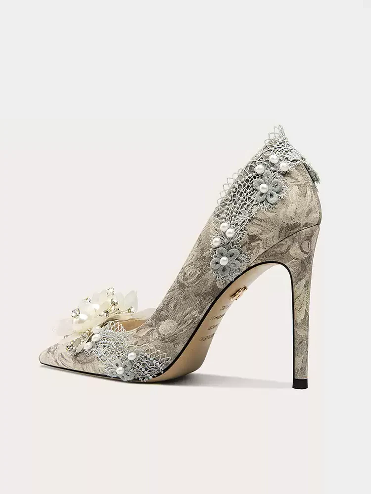 Victorian-Inspired Gray Floral High Heels with Beaded Detailing - Image 2
