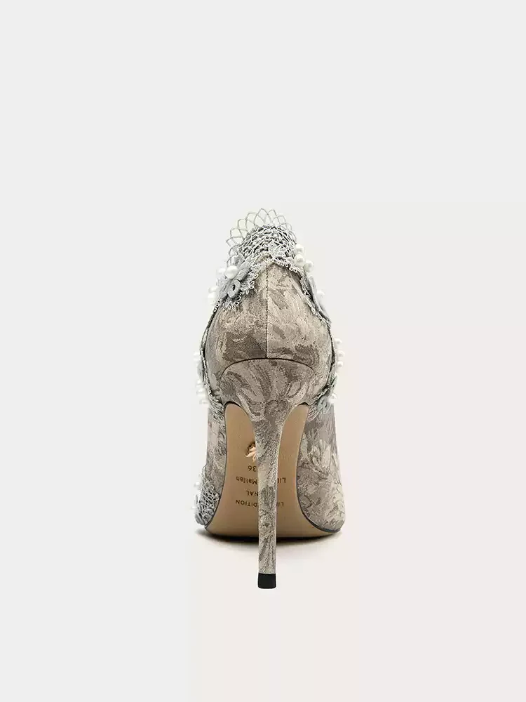 Victorian-Inspired Gray Floral High Heels with Beaded Detailing - Image 3