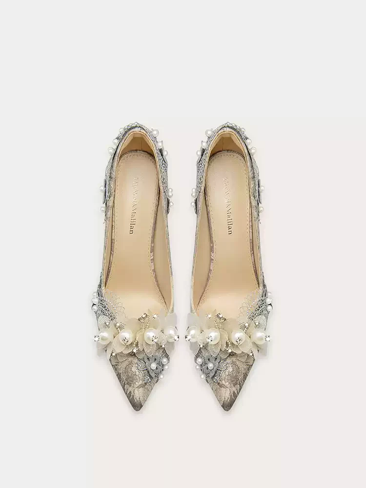 Victorian-Inspired Gray Floral High Heels with Beaded Detailing - Image 4
