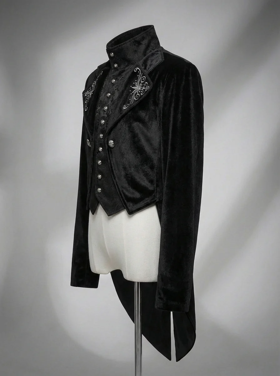 Victorian Long-Tailed Tuxedo Two Piece - Embroidered High Collar Velvet Suit For Men -Plus Size - Image 3