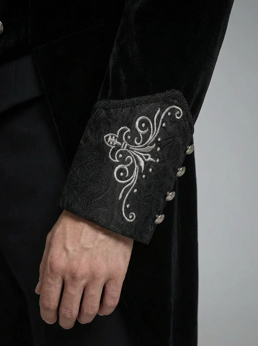 Victorian Long-Tailed Tuxedo Two Piece - Embroidered High Collar Velvet Suit For Men -Plus Size - Image 7