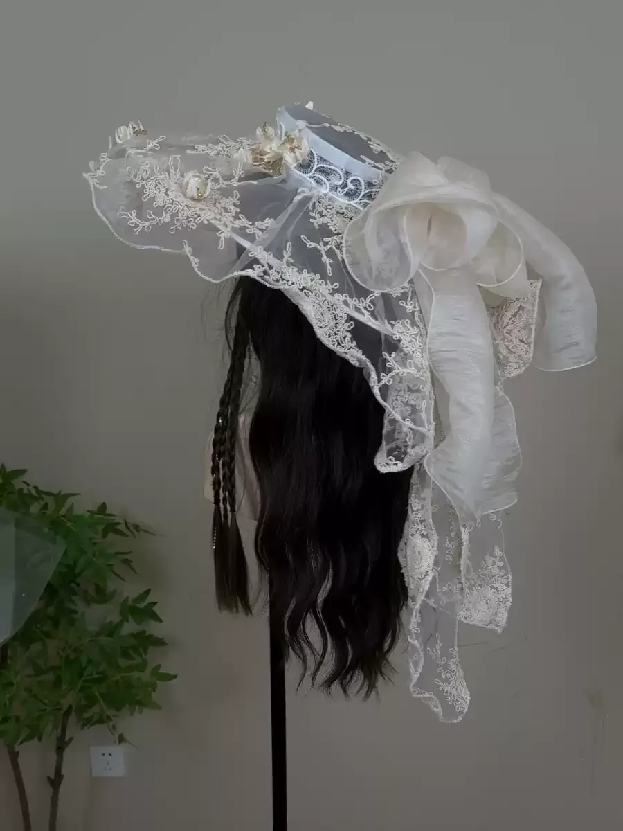 Vintage Beige Handcrafted Lace Hat with Ruffle Brim - Wedding Hats with Bow - Image 2
