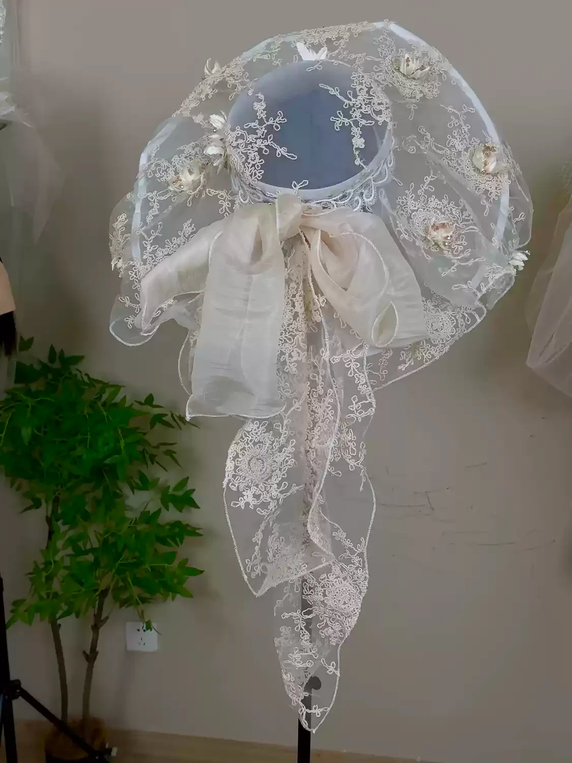 Vintage Beige Handcrafted Lace Hat with Ruffle Brim - Wedding Hats with Bow - Image 3