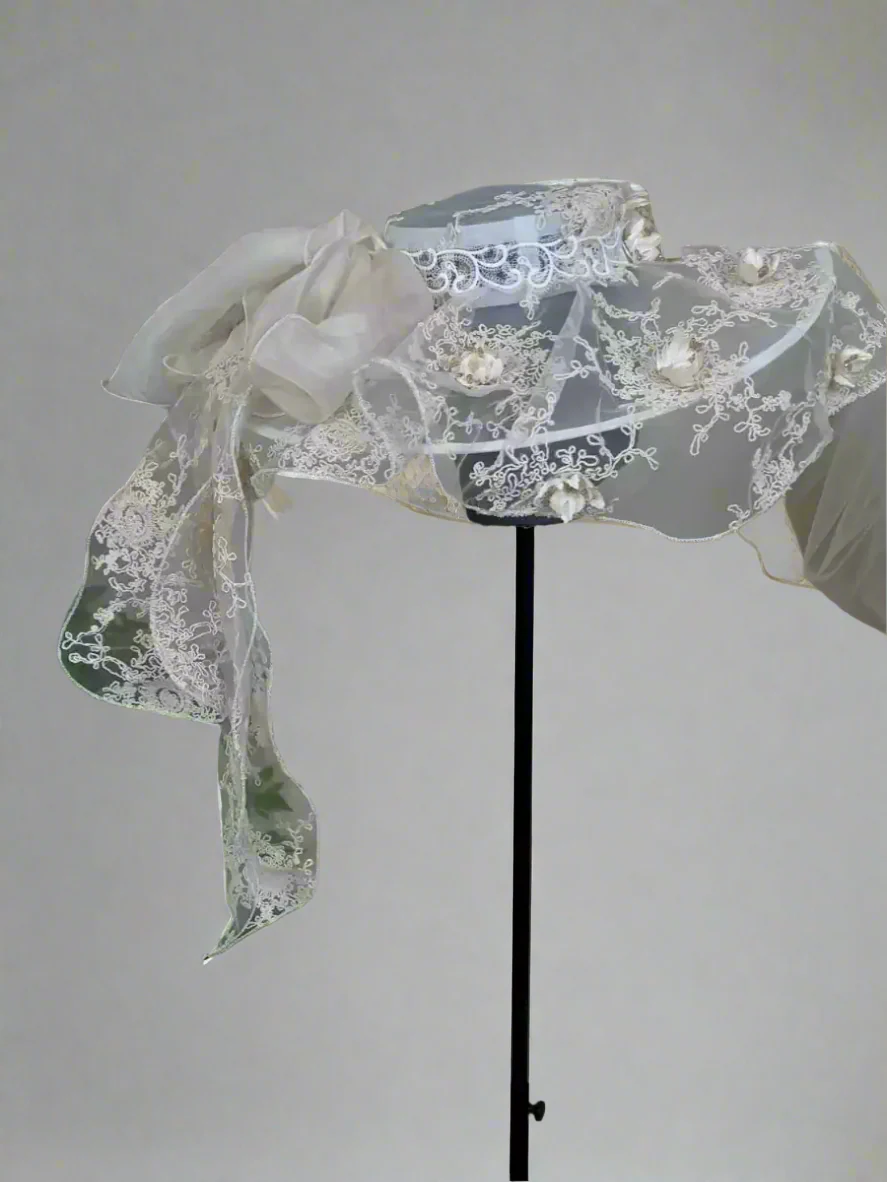 Vintage Beige Handcrafted Lace Hat with Ruffle Brim - Wedding Hats with Bow - Image 4