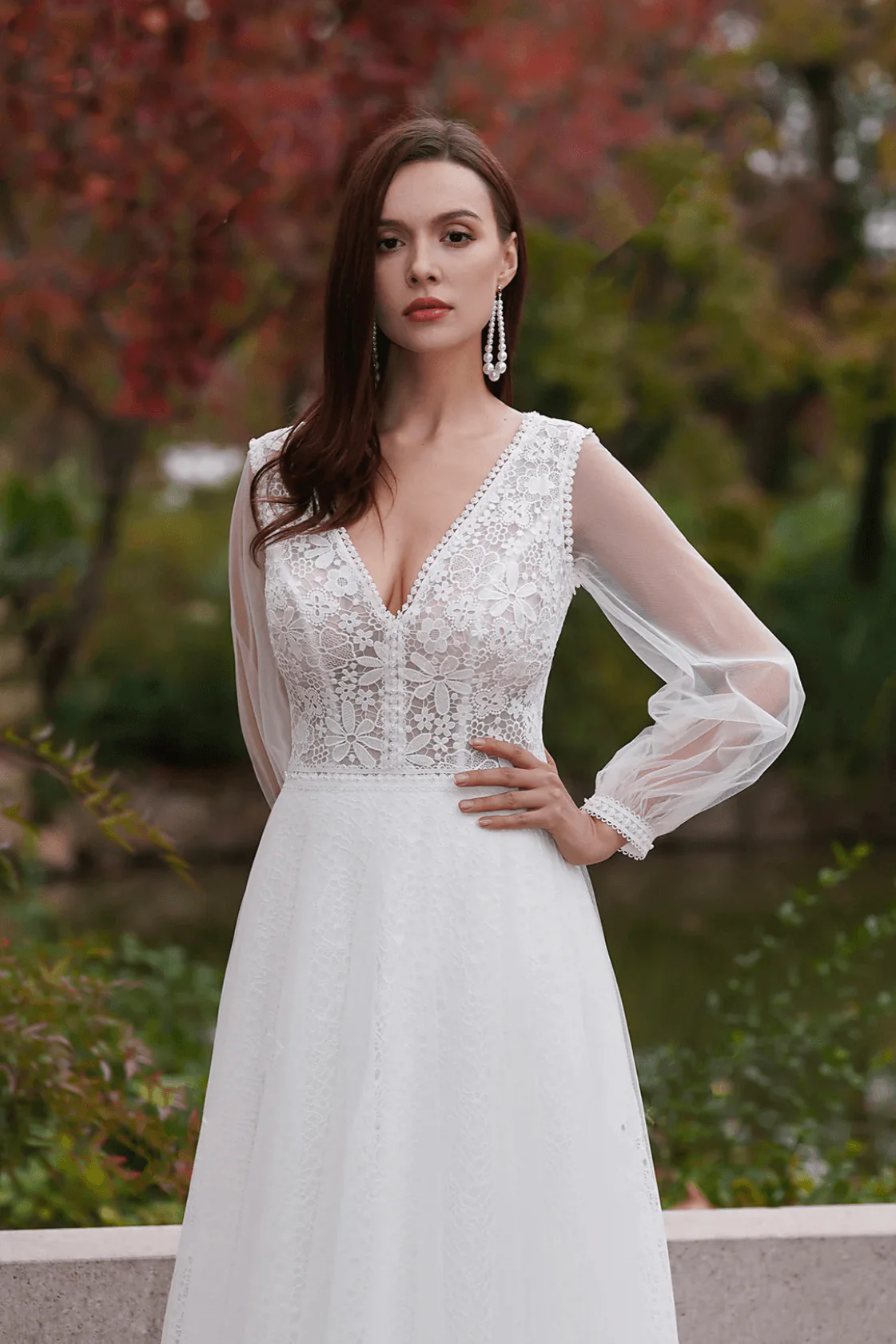 Vintage Boho Lace Embroidery Light Ivory A-Line V Neck Wedding Dresses With Long Sleeves - Image 3