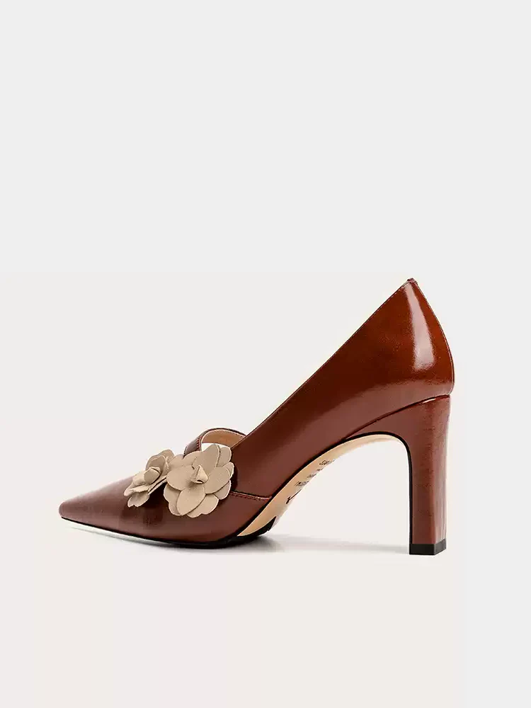 Vintage Inspired Black Leather High Heels with Floral Accents - Classic Square-Toe Design - Image 2