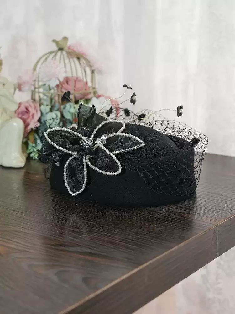 Vintage Inspired Black Pillbox Hat with Beaded Flower and Veil - Image 2