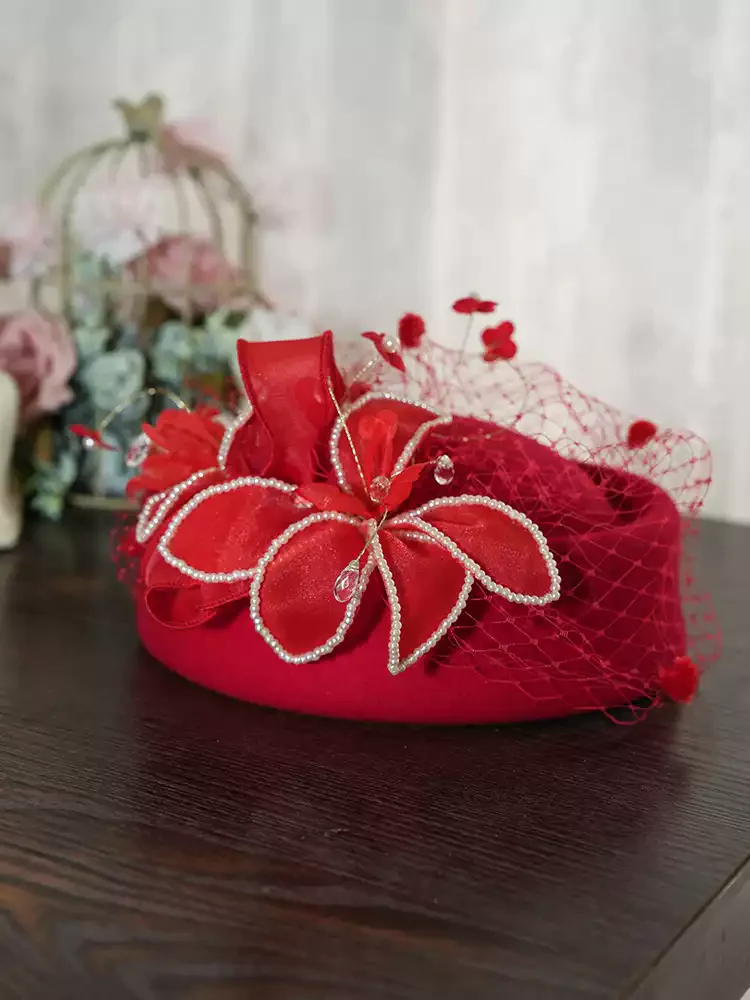 Vintage Inspired Black Pillbox Hat with Beaded Flower and Veil - Image 3