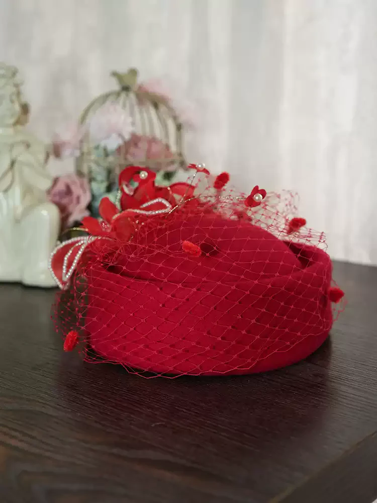 Vintage Inspired Black Pillbox Hat with Beaded Flower and Veil - Image 4