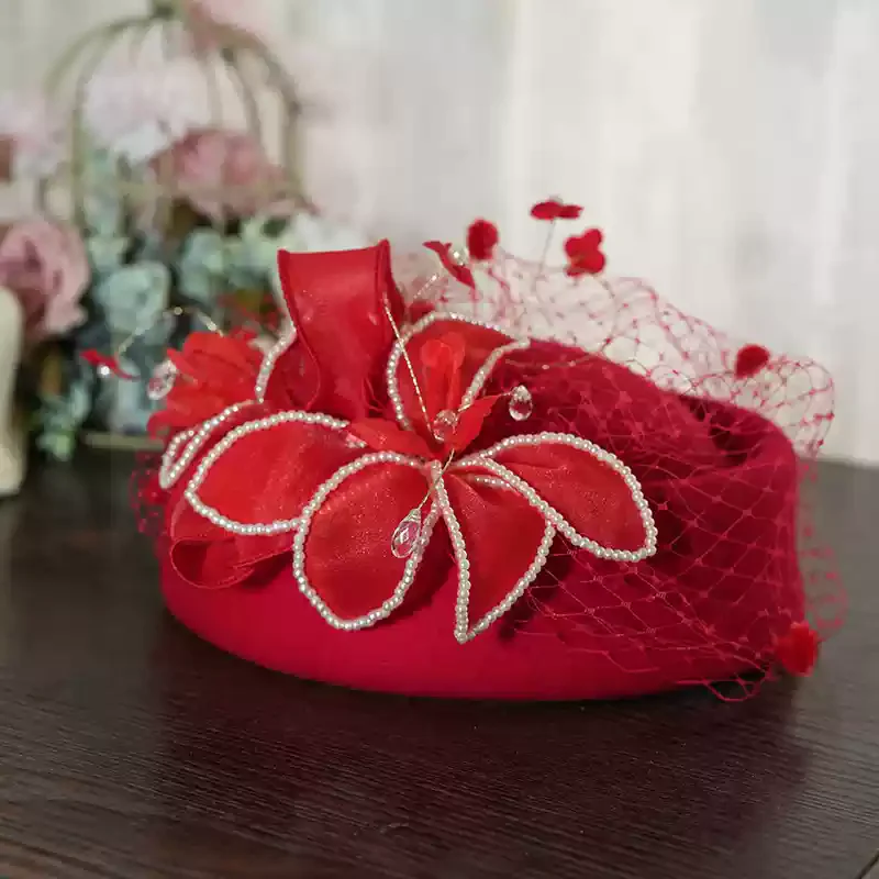Vintage Inspired Black Pillbox Hat with Beaded Flower and Veil - Image 5