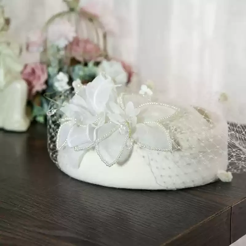 Vintage Inspired Black Pillbox Hat with Beaded Flower and Veil - Image 6
