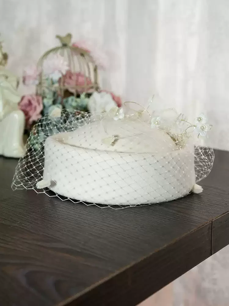 Vintage Inspired Black Pillbox Hat with Beaded Flower and Veil - Image 7