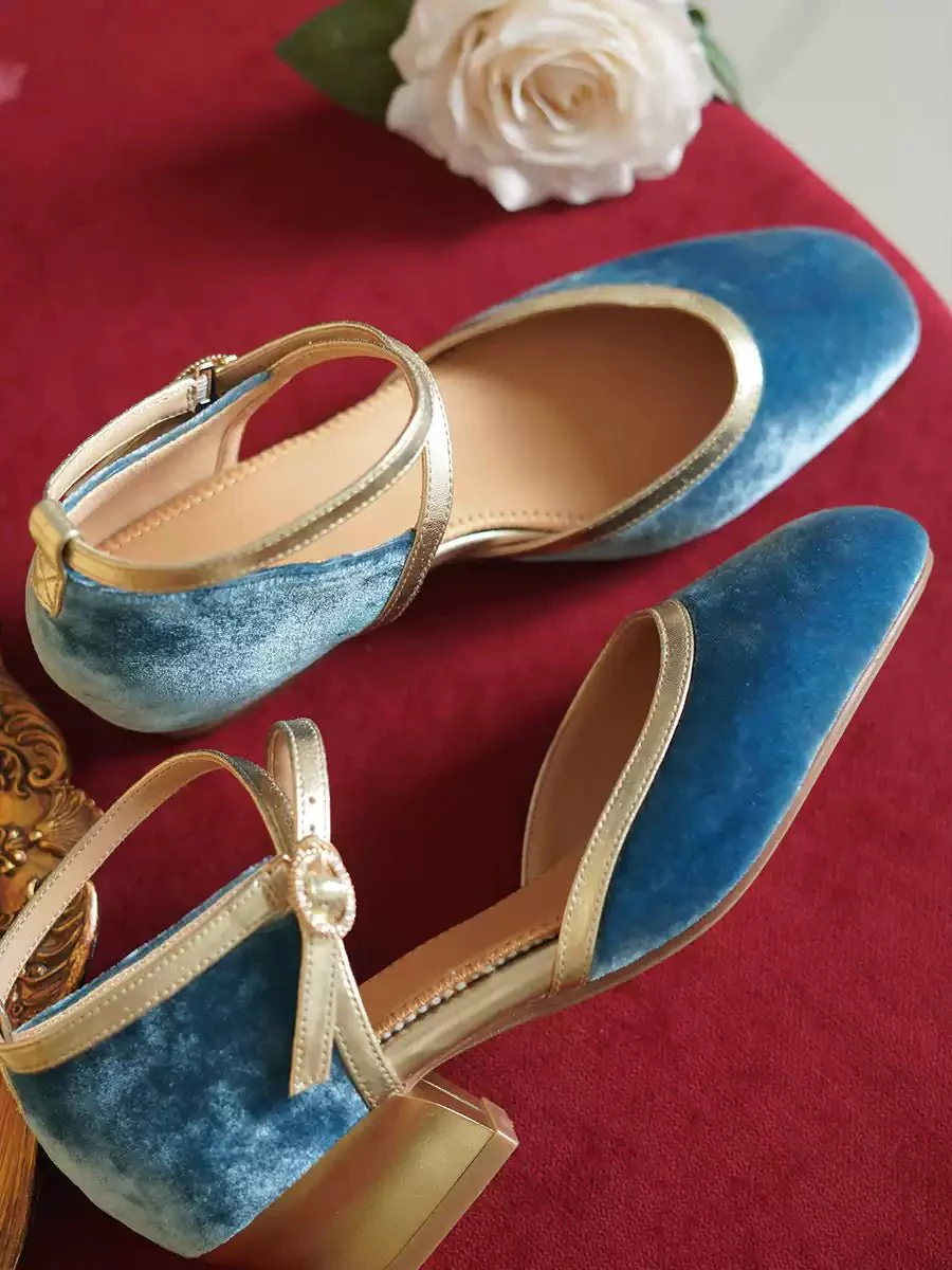 Handmade Vintage-Inspired Blue Velvet Mary Jane Shoes with Gold Accents - Retro Mid Heel - Image 5