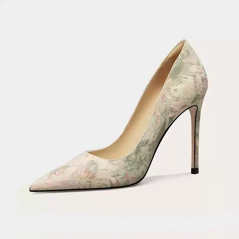 Vintage-Inspired Champagne Floral Satin High Heels - Elegant Slip-On Design - Image 2