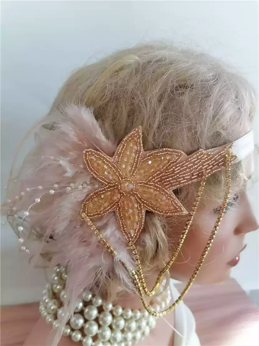 Vintage-Inspired Flapper Headband with Pearl and Feather Accents - Image 2