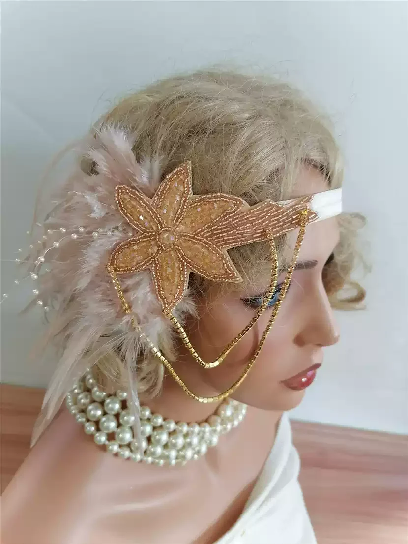 Vintage-Inspired Flapper Headband with Pearl and Feather Accents - Image 3