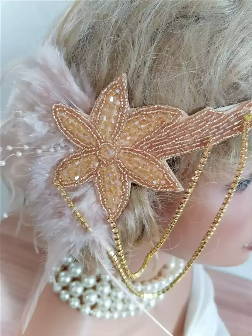 Vintage-Inspired Flapper Headband with Pearl and Feather Accents - Image 4