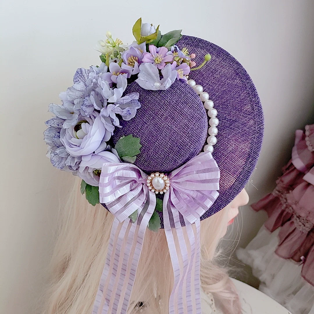 Vintage Inspired Purple Rococo Hat with Floral and Pearl Accents - Image 2