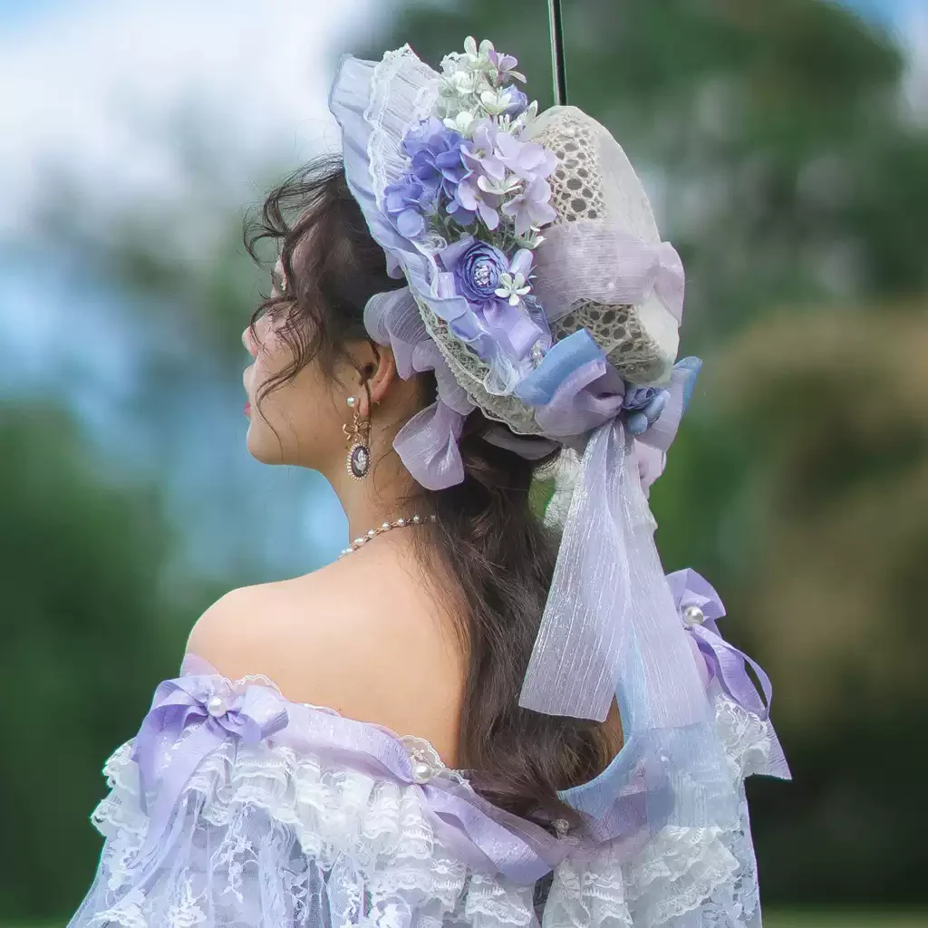 Vintage-Inspired Regency Era Bonnet with Lavender Floral Accents - Image 3