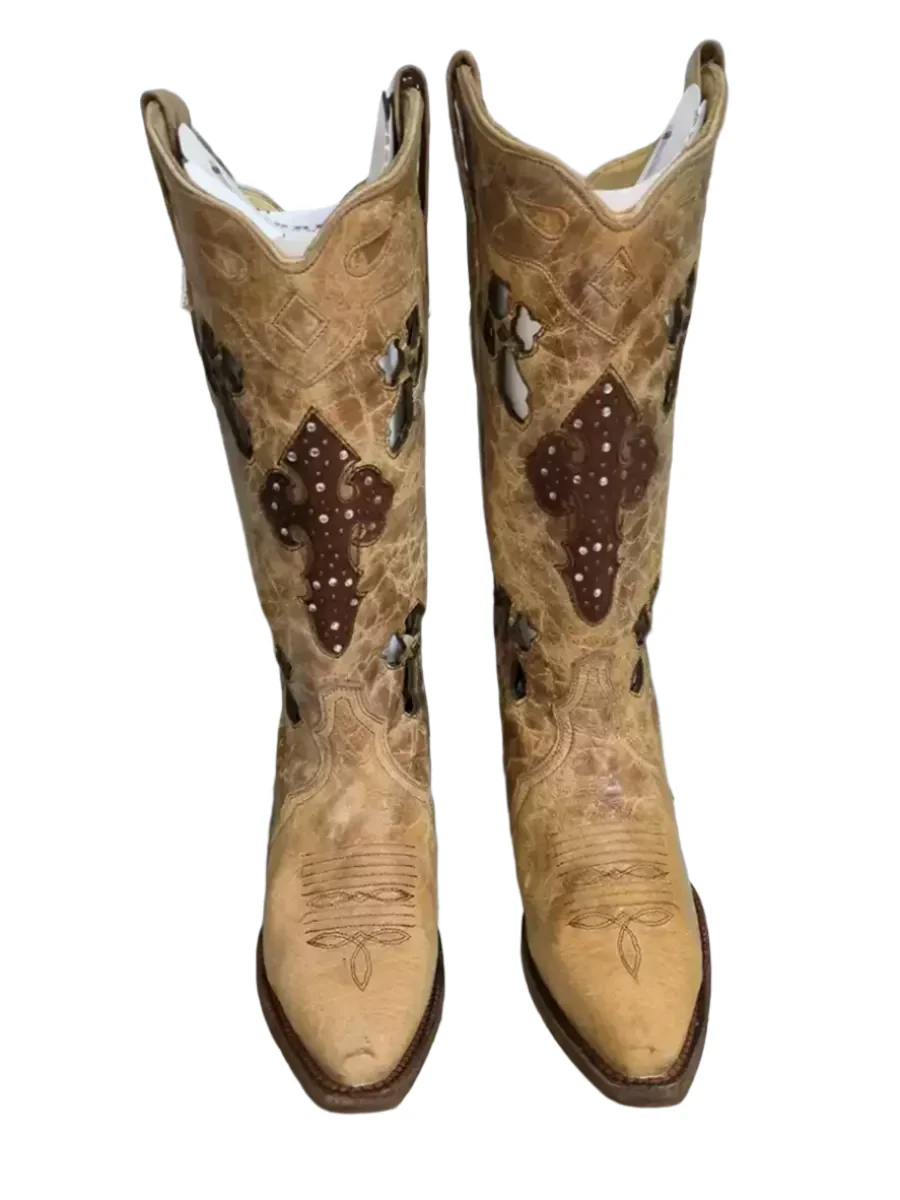 Vintage-Inspired Brown Western Cowgirl Boots with Embroidered Cutouts – Handmade Pointed Toe Boots - Image 3