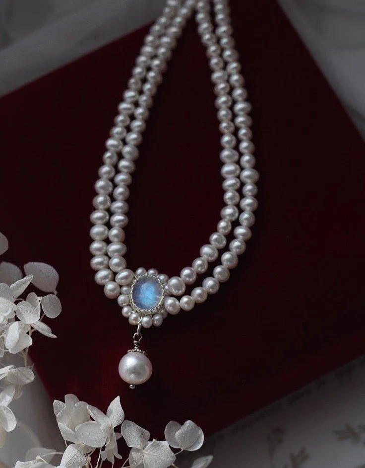 Vintage Style Regency Era Double Strand Pearl Necklace with Moonstone  Freshwater Seedless - Victorian Choker - Image 3