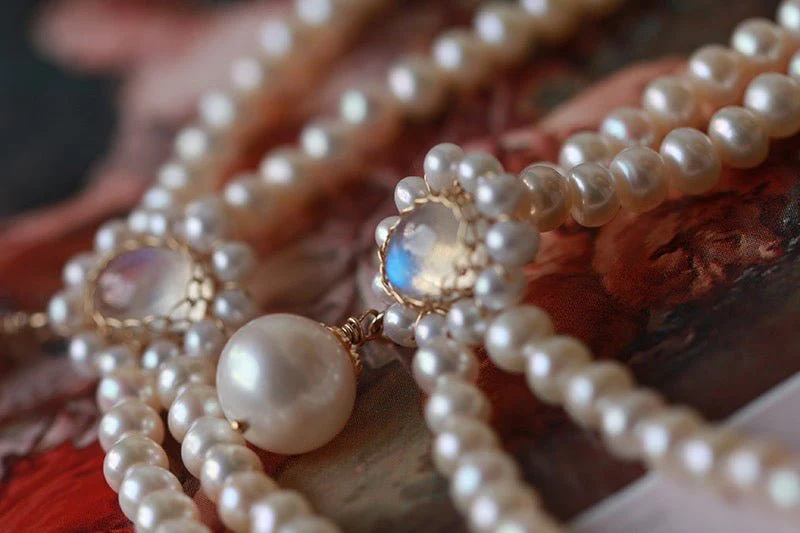 Vintage Style Regency Era Double Strand Pearl Necklace with Moonstone  Freshwater Seedless - Victorian Choker - Image 5
