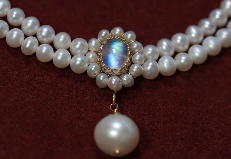 Vintage Style Regency Era Double Strand Pearl Necklace with Moonstone  Freshwater Seedless - Victorian Choker - Image 6