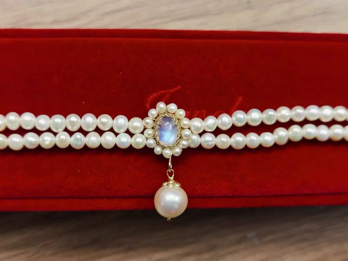 Vintage Style Regency Era Double Strand Pearl Necklace with Moonstone  Freshwater Seedless - Victorian Choker - Image 8