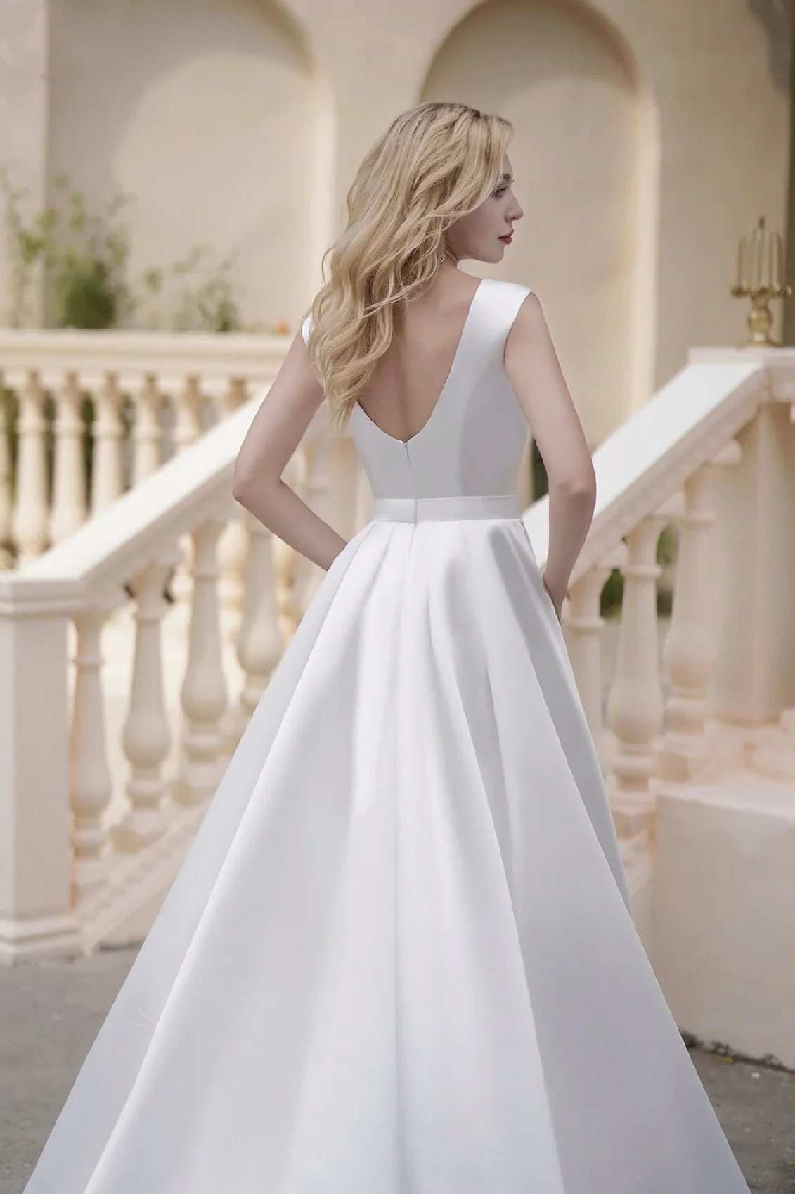 Vintage Simple Long Satin A-Line Light Ivory Wedding Dresses With Pockets - Image 3