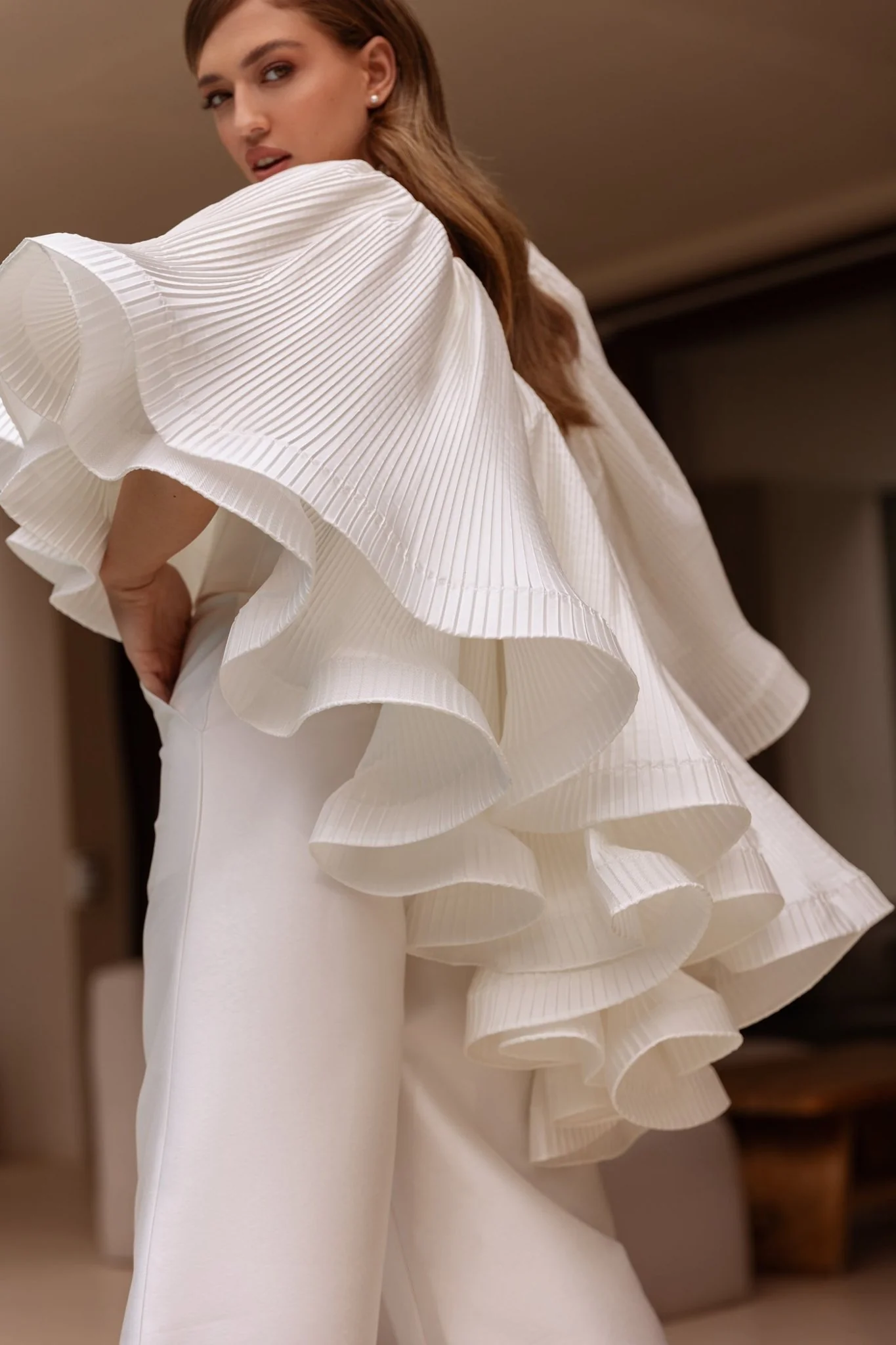 White Jumpsuit Wedding Ensemble with Peplum and Statement Sleeves - Plus Size-Vivaldi - Image 3