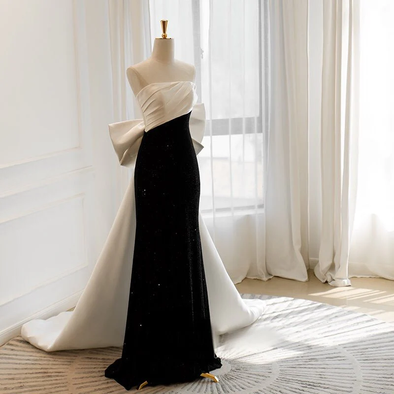 White And Black Simple Gothic Off Shoulder Formal Dress With Train With Bow Tie Plus Size - Image 2