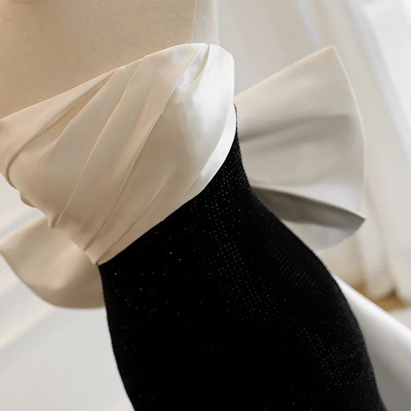 White And Black Simple Gothic Off Shoulder Formal Dress With Train With Bow Tie Plus Size - Image 5