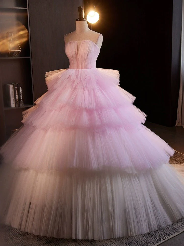 White and Pink Tiered Tulle Evening Dress - Pink Corset Back Tulle Wedding Dress Plus Size - Image 3