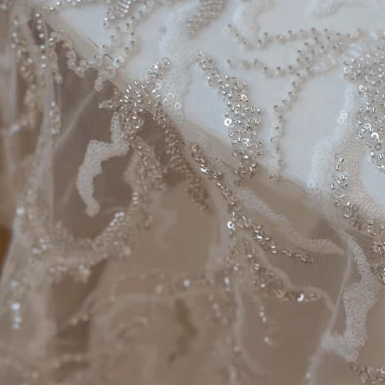 White Bridal Sequin and Bead Embroidered Lace Fabric