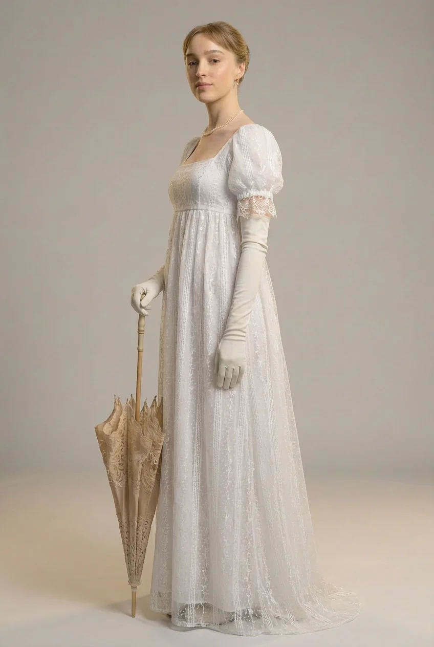 Romantic Regency Era White Lace Wedding Dress - Empire Waist Ball Gown Plus Size - Image 3