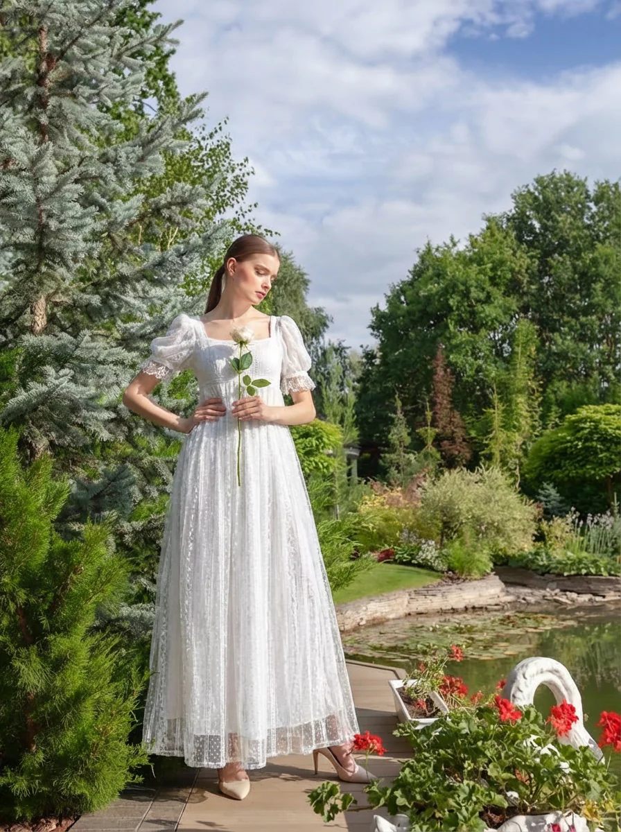 Romantic Regency Era White Lace Wedding Dress - Empire Waist Ball Gown Plus Size - Image 6