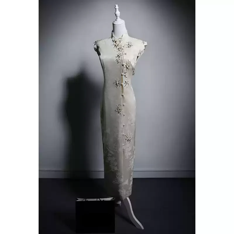 Designer White Cheongsam Dress with Delicate Embroidery – Sleeveless Qipao with Beaded Accents Plus Size - Image 2