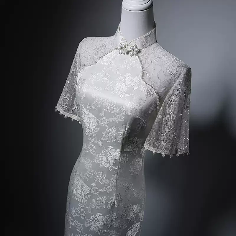 White Cheongsam Dress with Lace Sleeves - Elegant Formal Embroidered Qipao Gown with High Collar Plus Size - Image 4