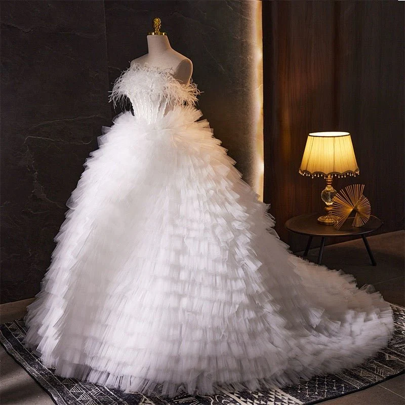 White Feather Embellished Tulle Party Dress with Corset - White Layered Tulle Ruffle Dress Plus Size - Image 2