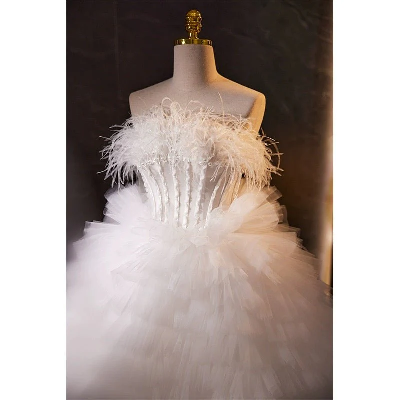 White Feather Embellished Tulle Party Dress with Corset - White Layered Tulle Ruffle Dress Plus Size - Image 4