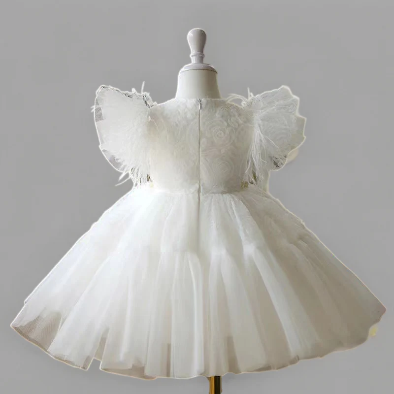 Fairy White Feathered Tulle Flower Girl Dress with Lace Details and Pearl Waistline - Plus Size - Image 4