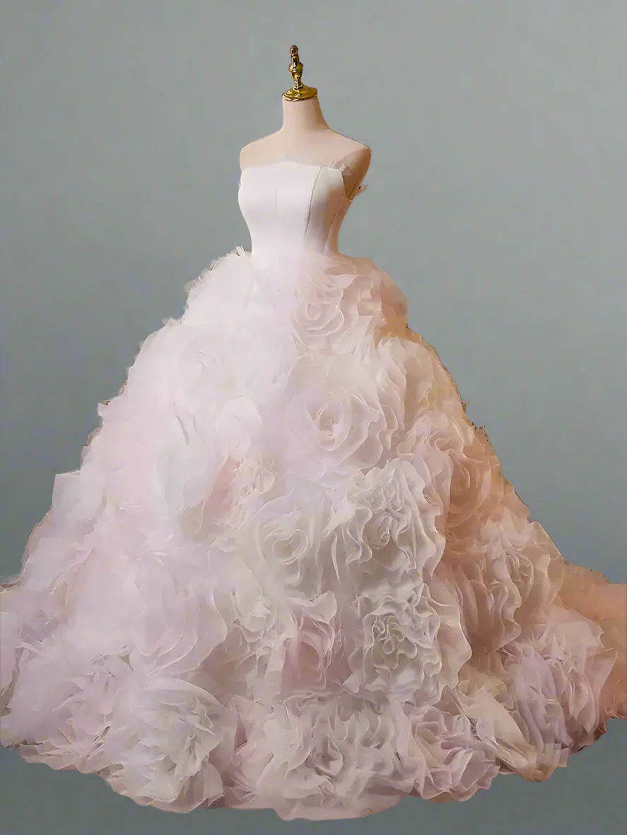 White Floral Ball Gown - Layered Tulle Ruffle Dress - Strapless Ball Gown Wedding Dress - Pink and White Floral Wedding Dress Plue Size - Image 2